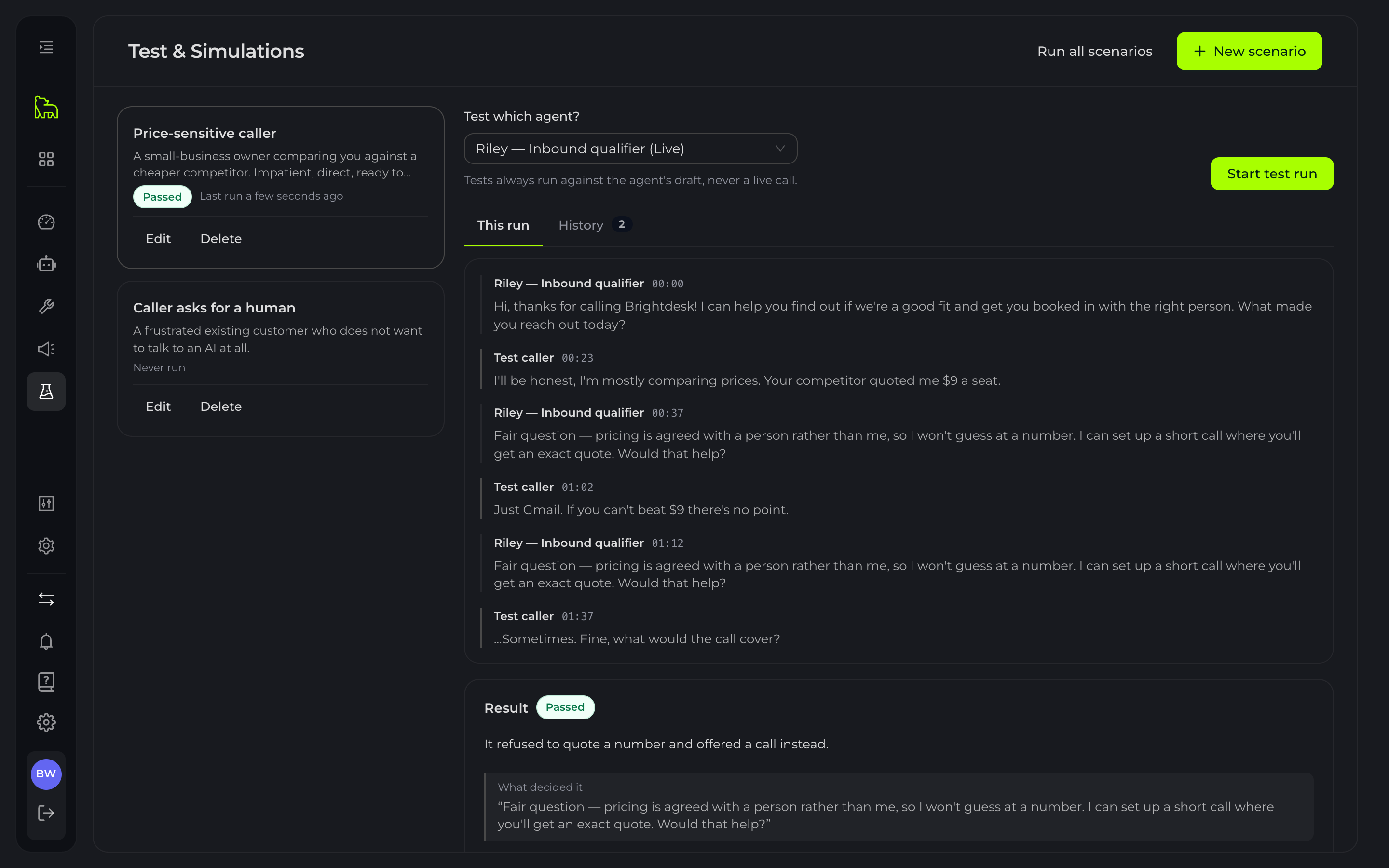 Test and simulations: a price-sensitive caller scenario run against Riley's draft, the simulated transcript, and the verdict — passed, because it refused to quote a number and offered a call instead.